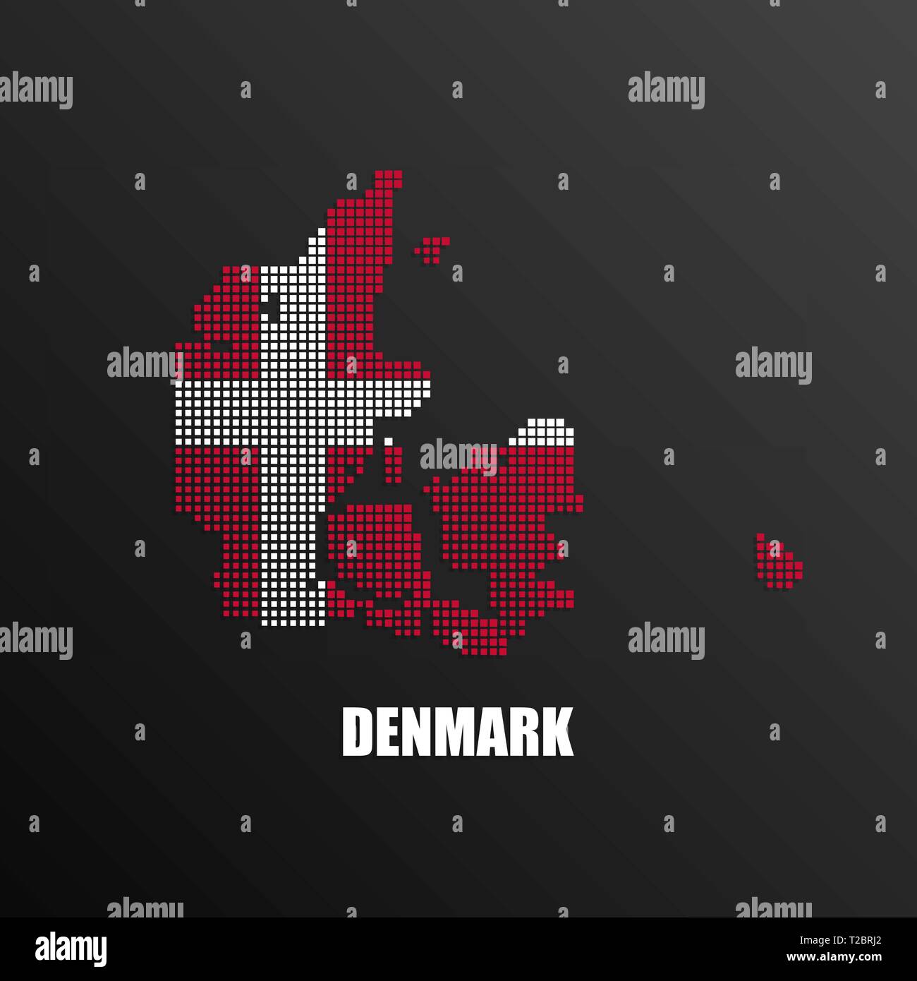Vector illustration of abstract halftone map of Denmark made of square pixels with Danish national flag colors for your design Stock Vector
