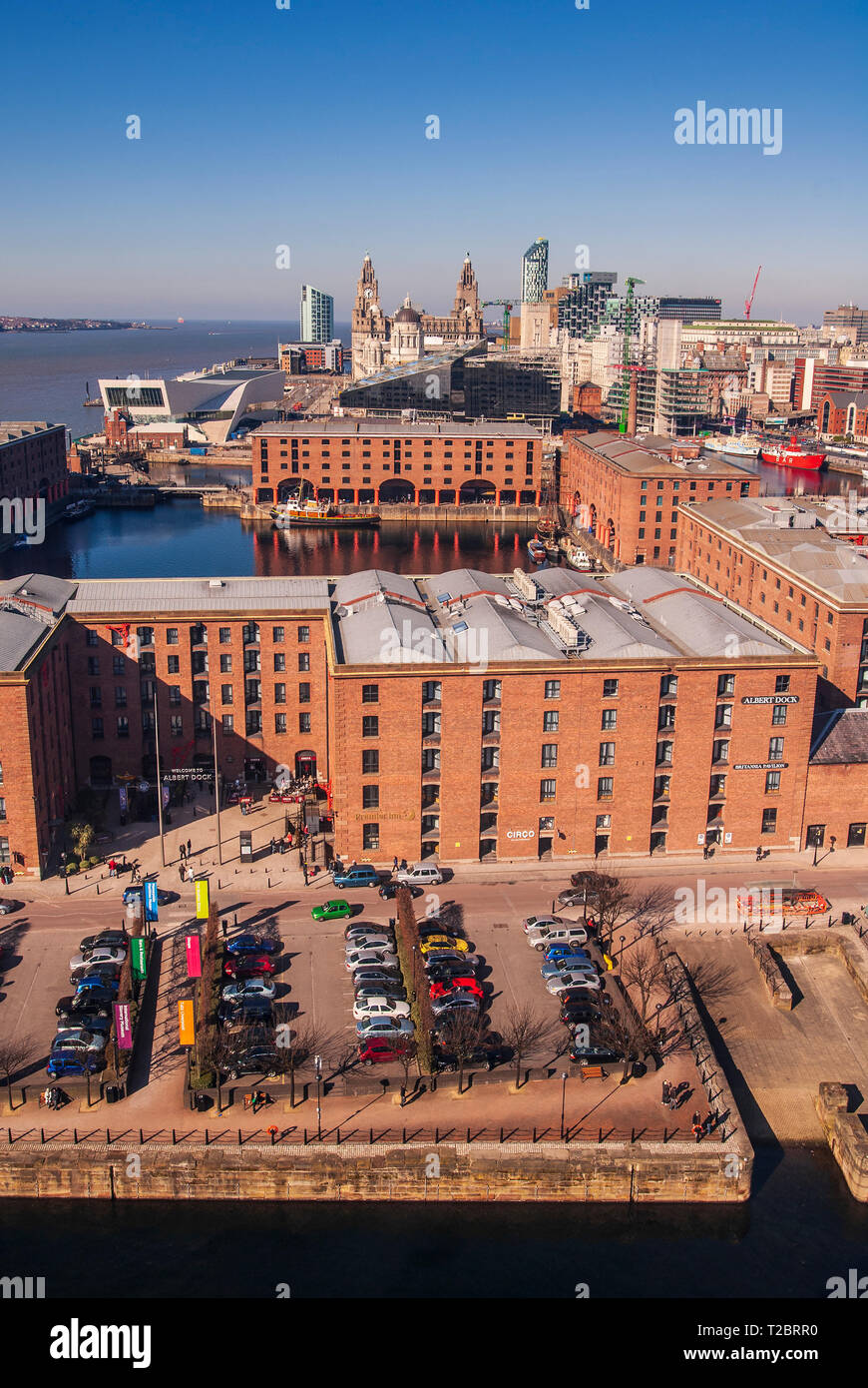 An aerial shot of the Albert Dock and Liverpool waterfront pierhead with the Liver building and new museum. Stock Photo