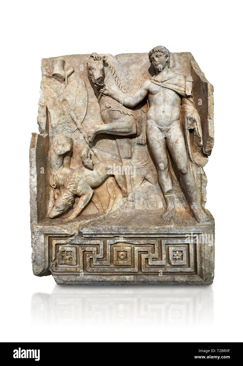 Roman Sebasteion relief  sculpture of Royal Hero with hunting dogs,  Aphrodisias Museum, Aphrodisias, Turkey.     Against a white background.  A diade Stock Photo