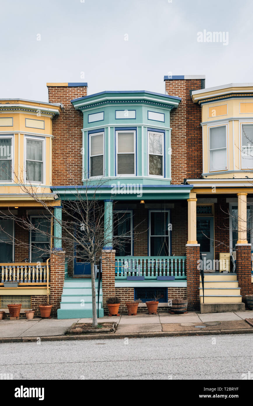 Colorful brick row houses in Charles Village, Baltimore, Maryland Stock