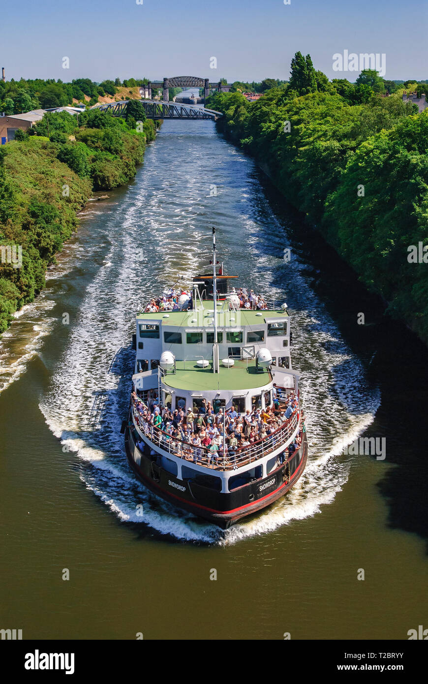 Mersey ferry on Manchester ship canal. aerial Stock Photo