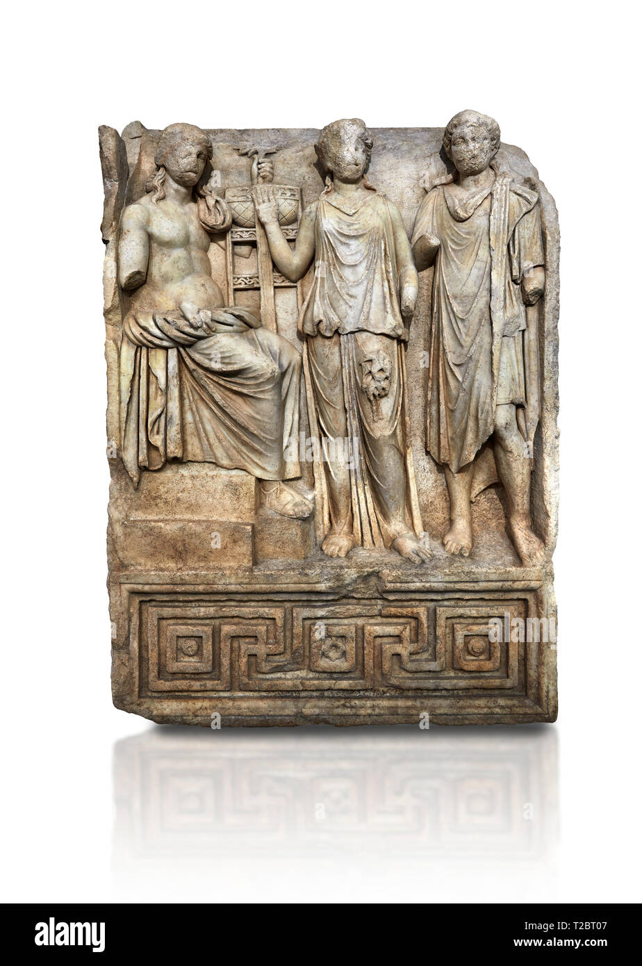 Roman Sebasteion relief  sculpture of Apollo and Royal Hero Aphrodisias Museum, Aphrodisias, Turkey.     Against a white background.  Apollo sits on a Stock Photo