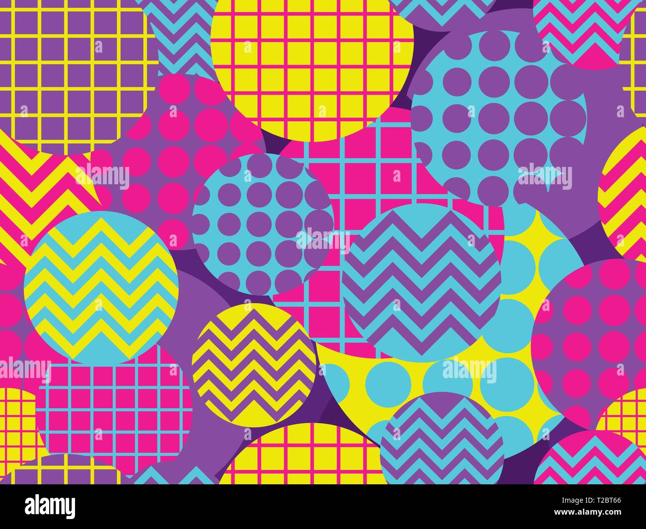 Seamless pattern with circles 1980s style. Retrowave. Geometric elements memphis. Vector illustration Stock Vector