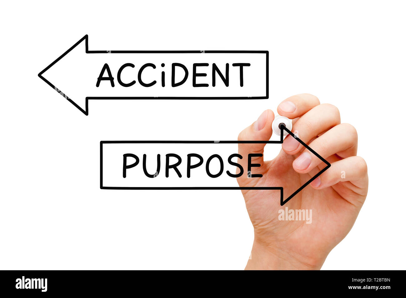 Hand writing the opposite words Purpose and Accident concept on two arrows with marker on transparent glass board. Stock Photo