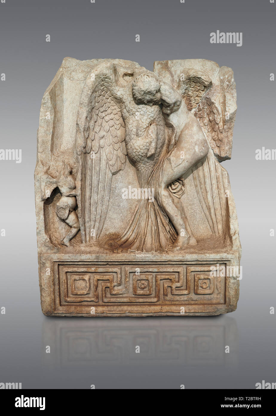 Roman Sebasteion relief  sculpture of Leda and swan, Aphrodisias Museum, Aphrodisias, Turkey.   Zeus disguised as a swan assaults Spartan princess Led Stock Photo