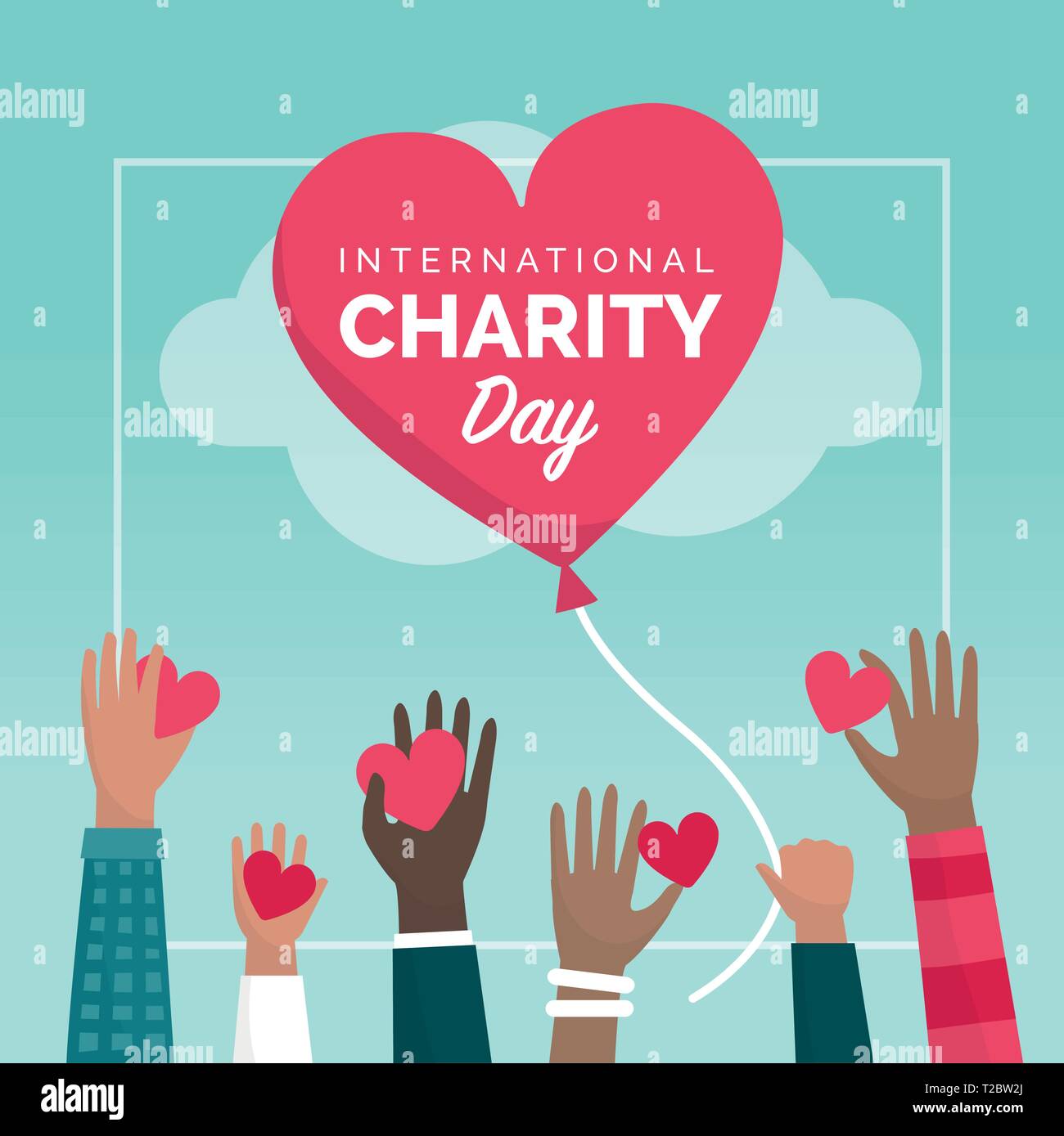 International charity day holiday social media post with people giving hearts and donations, support and funding concept Stock Vector