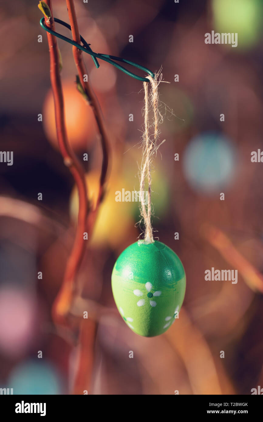 Hanging Easter eggs on tree with soft focus bokeh and color toned. Spring easter concept background. Stock Photo