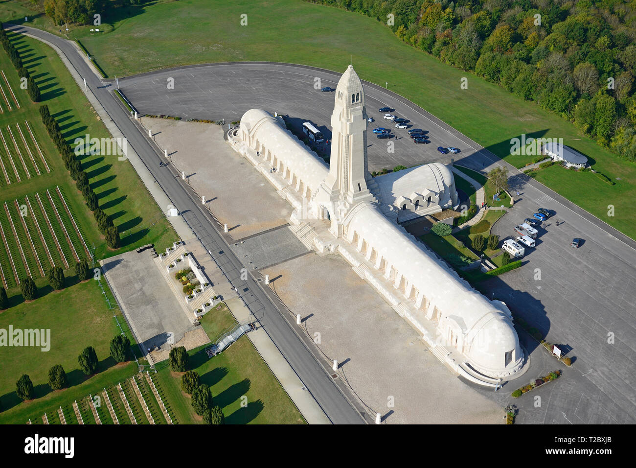 AERIAL VIEW. Ossuary of Douaumont: a memorial with the skeletal remains of WW1 fallen soldiers. Fleury-devant-Douaumont, Meuse, Grand Est, France. Stock Photo