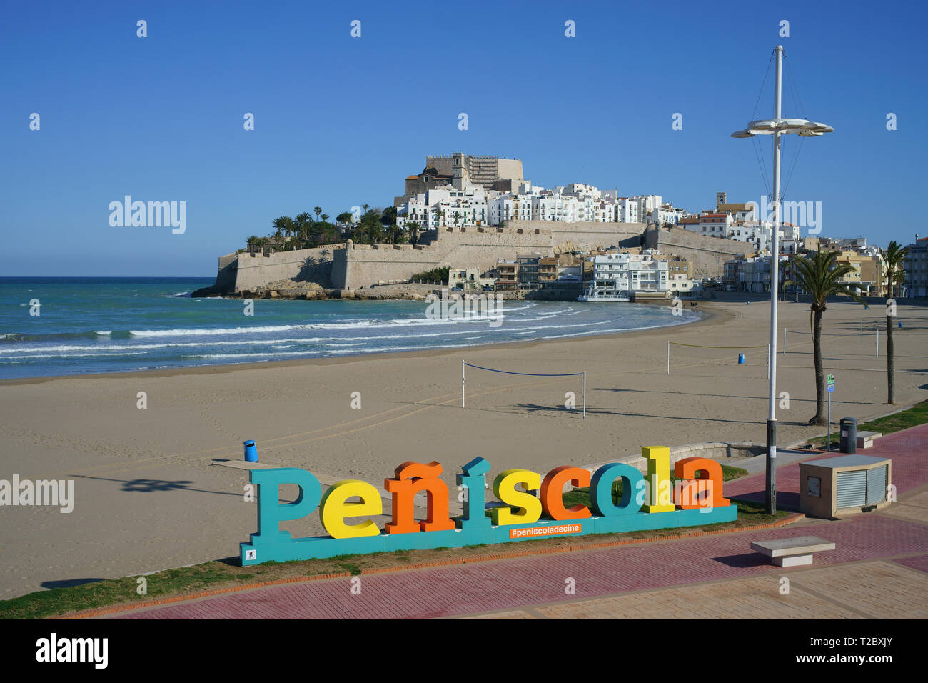 AERIAL VIEW from a 6-meter mast. Three-dimensional Peñíscola sign with the medieval town in the distance. Peñíscola, Valencian Community, Spain. Stock Photo