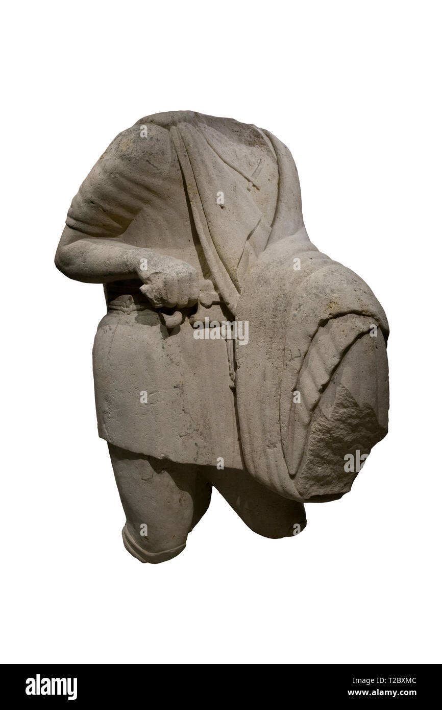 Jaen, Spain - December 29th, 2017: Hero armed with falcate sword. El Pajarillo Shrine, Huelma Jaen, 4th Century BCE. Iberian Museum of Jaen Stock Photo