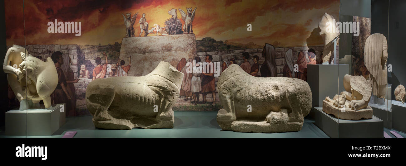 Jaen, Spain - December 29th, 2017: Sculpture group made of calcarenite, Cerrillo Blanco, Porcuna at Iberian Museum of Jaen Stock Photo