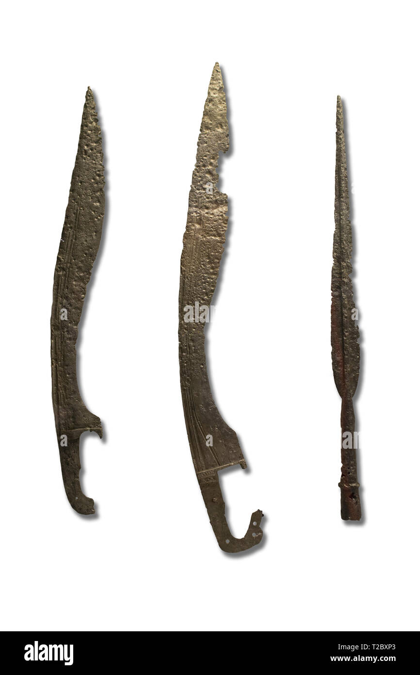 Córdoba, Spain - Sept 7th, 2018: Iberian weapons. Falcata swords and spear point. Isolated Stock Photo