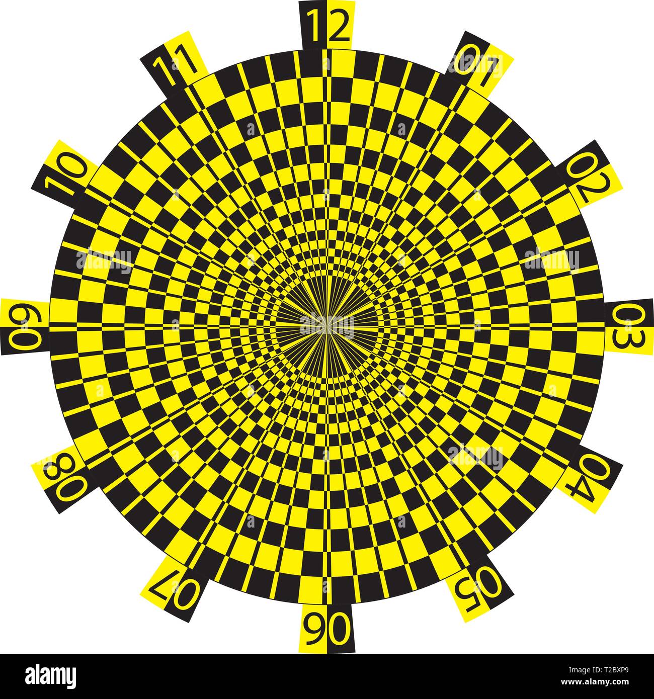 clock dial yellow black numbers on bkack yellow darths markers transparent background graphic design Stock Vector