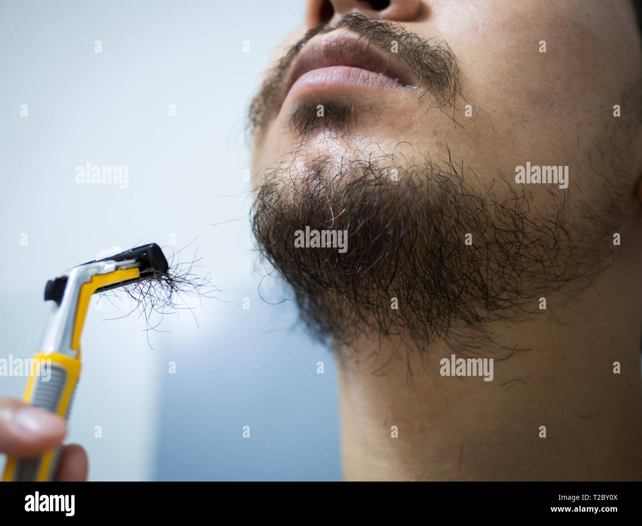 closeup man use yellow shaver shaving messy beard and mustache on his face in bathroom Stock Photo