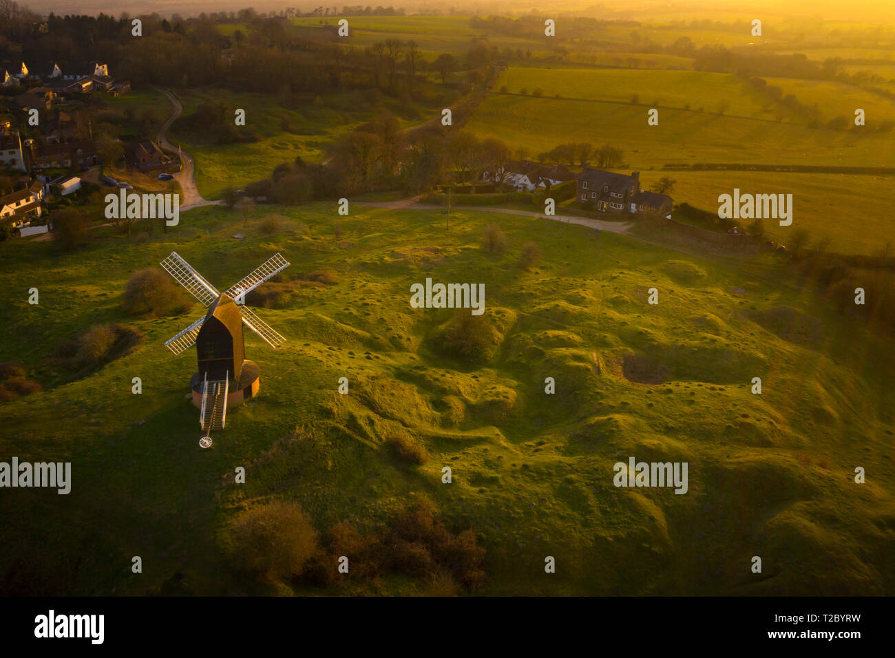 Brill Windmill at Sunset from above with a Drone,Oxfordshire ,England,UK Stock Photo
