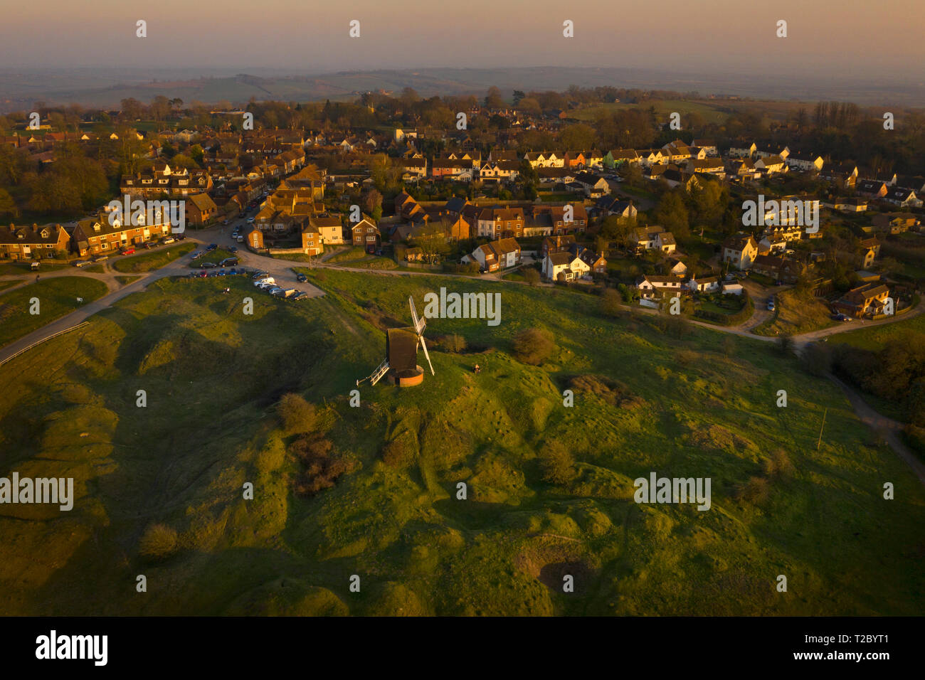 Brill Windmill and village at Sunset from above with a Drone,Oxfordshire ,England,UK Stock Photo