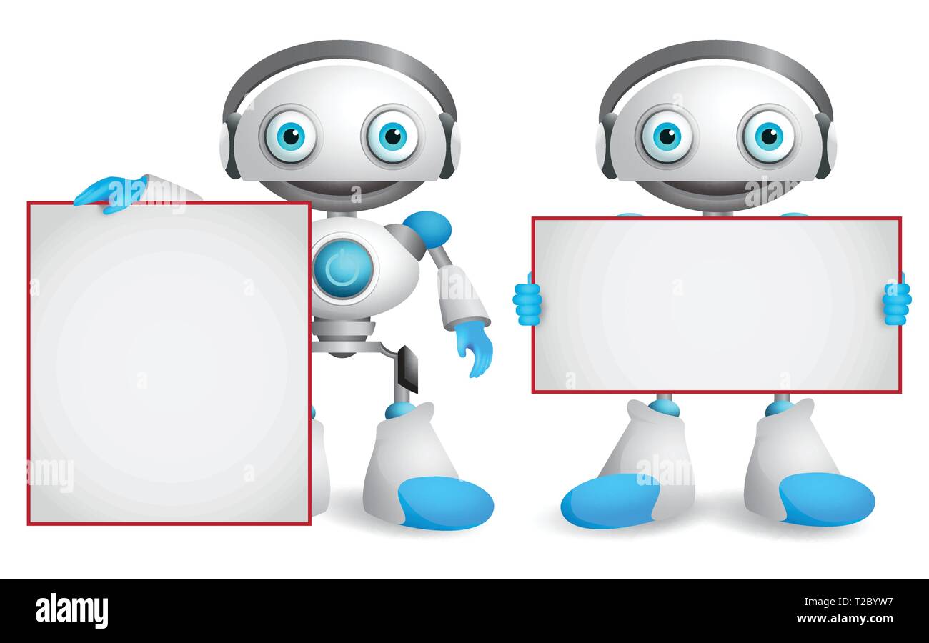 Robot vector characters set. Friendly and funny android robots holding  empty blank whiteboard for presentation isolated in white background.  Vector Stock Vector Image & Art - Alamy