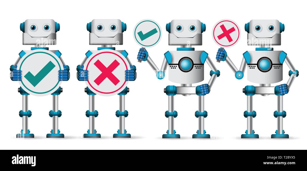 Robot characters vector set. White robotic cyborg holding placards with  check and wrong sign isolated in white for technology design presentations  Stock Vector Image & Art - Alamy