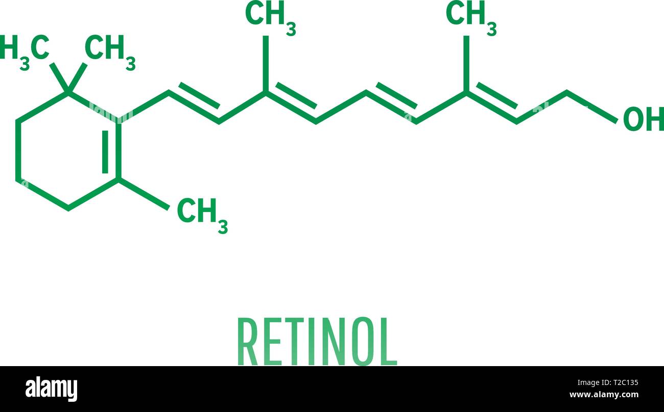 Retinol true vitamin A , formula C20H30O - fat-soluble vitamin, antioxidant. Essential for vision and bone growth, healthy skin and hair, and normal i Stock Vector