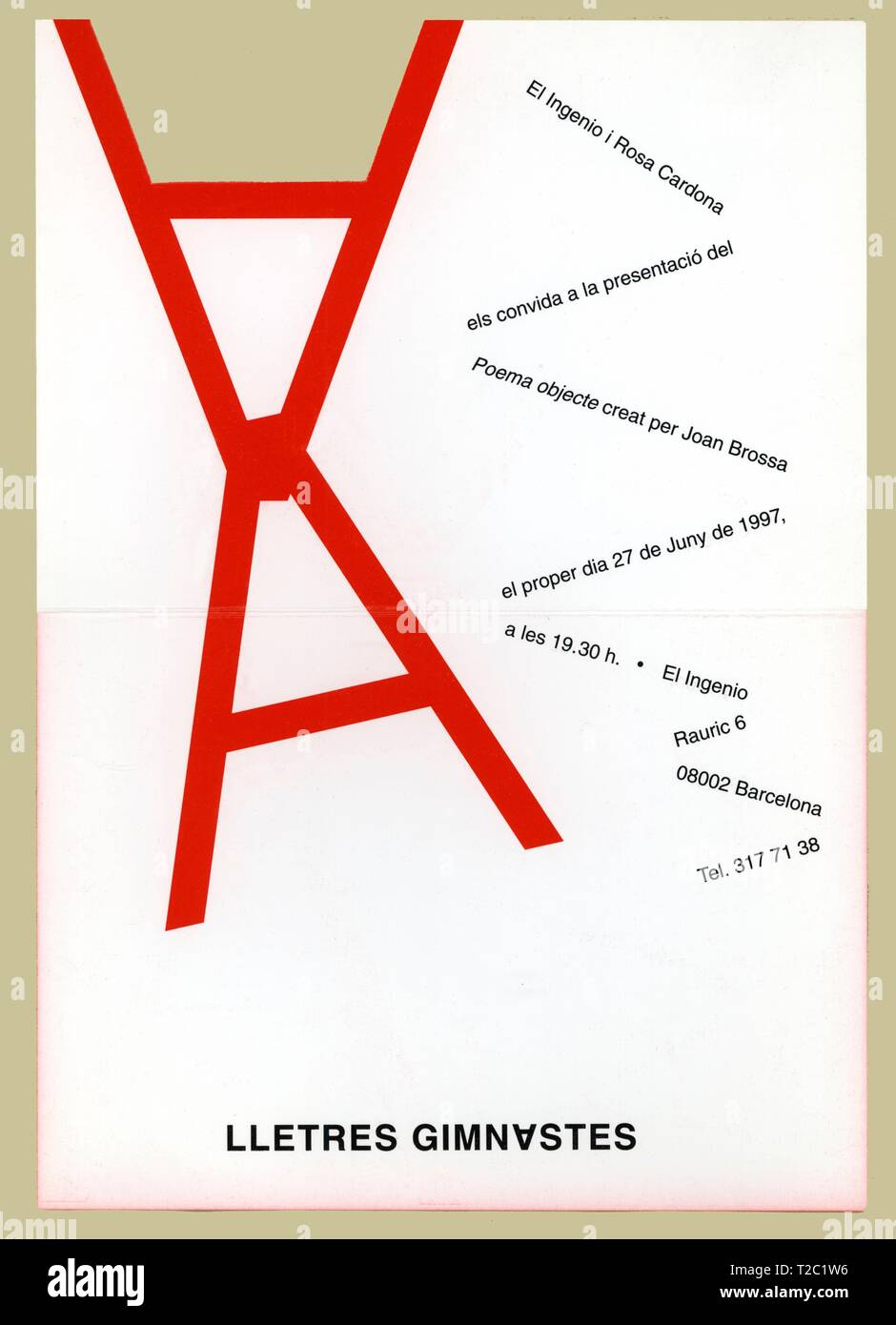 Invitación a la presentación del Poema objeto creado por Joan Brossa (1919-1999) con el título Lletres Gimnastes, acto celebrado en el establecimiento El Ingenio, de Barcelona, junio de 1997. Stock Photo