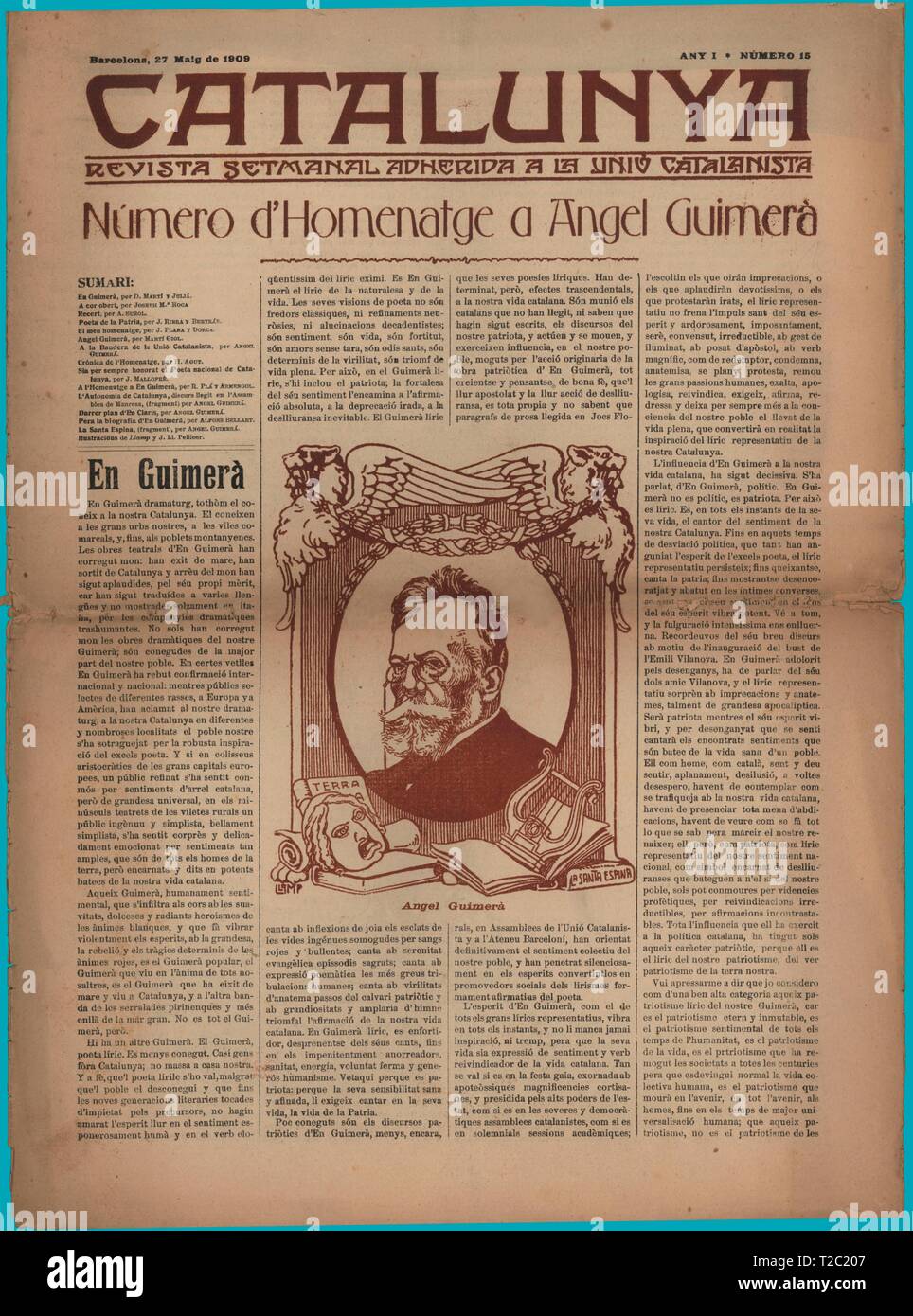 Portada de la revista semanal Catalunya, editada en Barcelona, mayo de 1909. Àngel Guimerà Jorge. Stock Photo