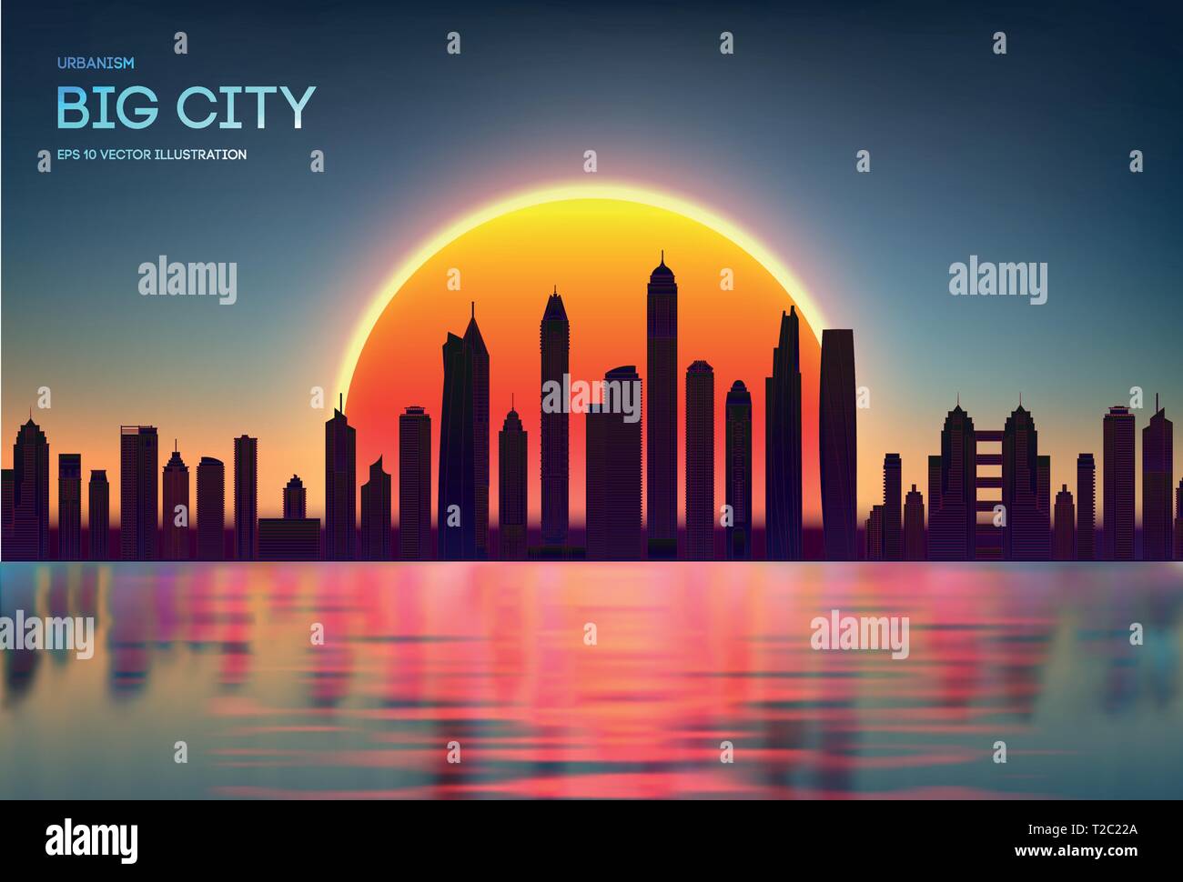 Vector sunset city skyline with modern buildings silhouette. Night city red  with reflection in water EPS 10. Red dark skylights in spring. Night Stock  Vector Image & Art - Alamy