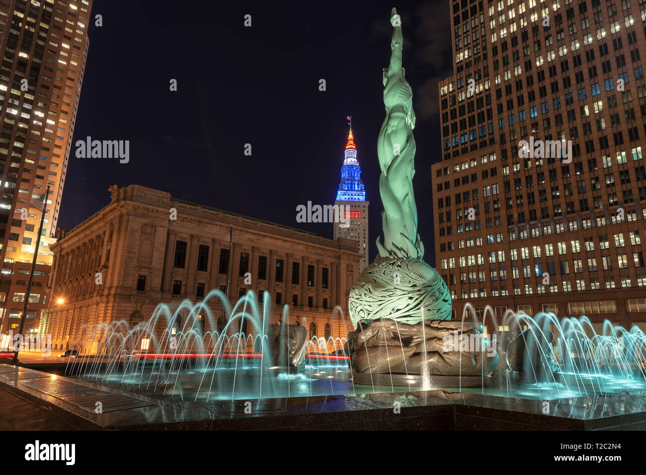 Night view of Cleveland Downtown and Fountain of Eternal Life Statue