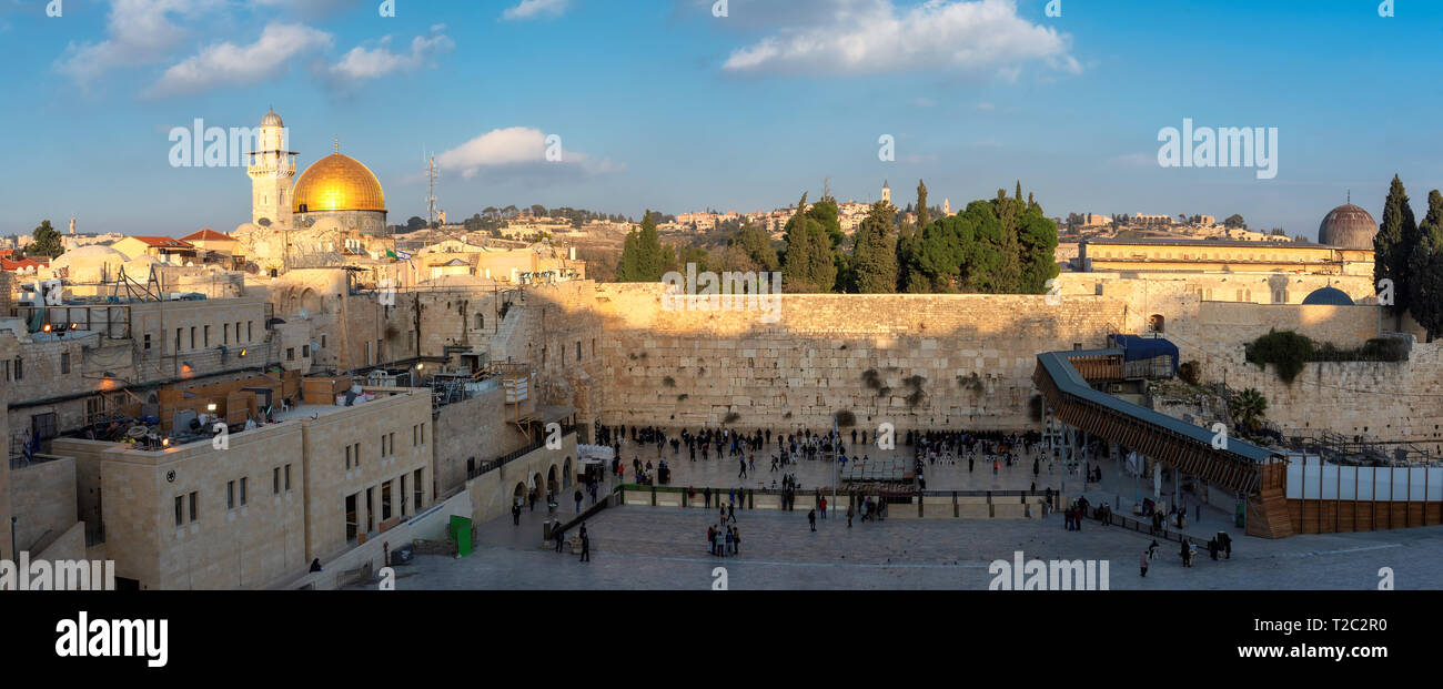 Panoramic view of Temple Mount in Jerusalem Old City at sunset, Israel. Stock Photo