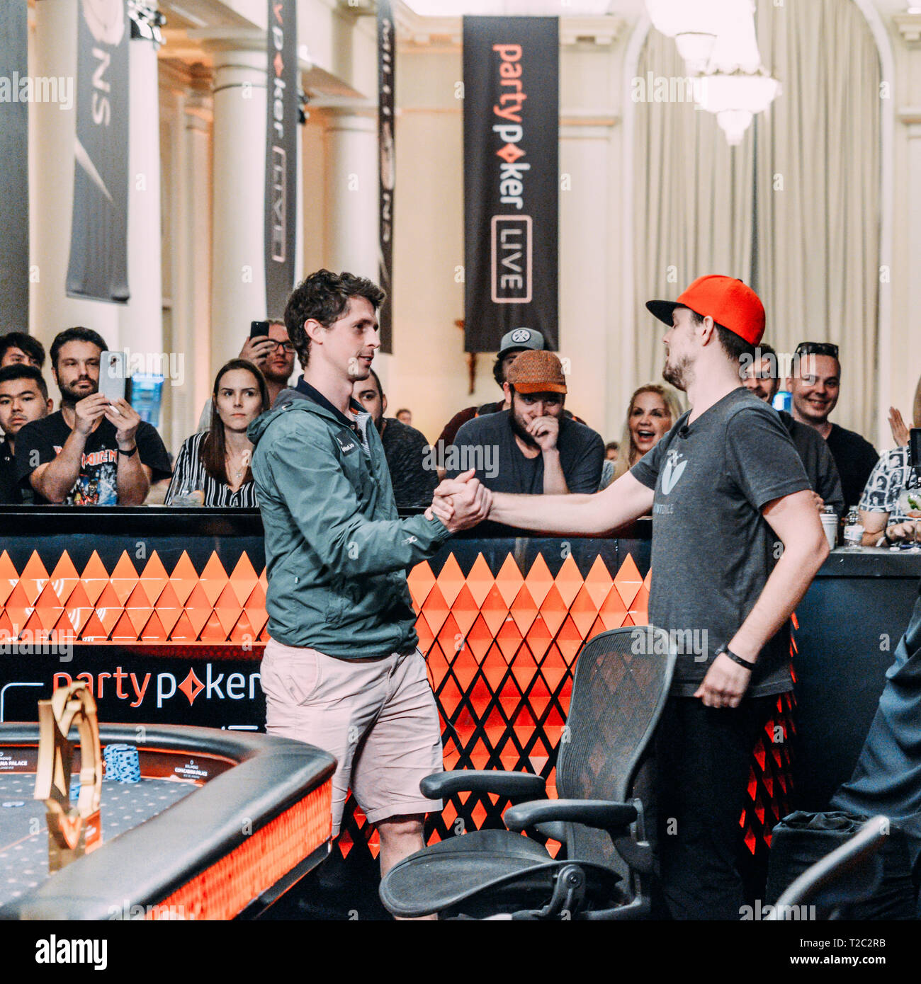 Rio de Janeiro, Brazil - March 25, 2019: Final table of the 2019 Partypoker LIVE MILLIONS South America festival at the luxurious Copacabana Palace Stock Photo