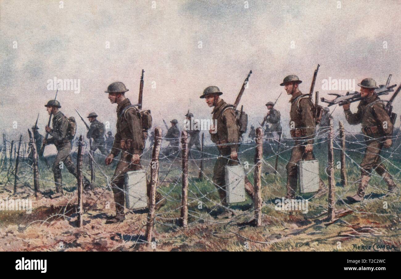 Primera guerra mundial (1914-1918). Tropas americanas avanzando entre alambradas en territorio francés. Author: PIERRE COMBA. Stock Photo