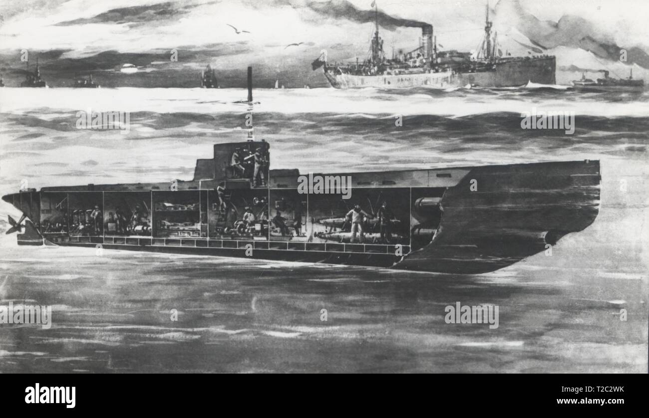 Primera guerra mundial (1914-1918). Esquema del interior de un submarino alemán sumergido en aguas inglesas. Stock Photo