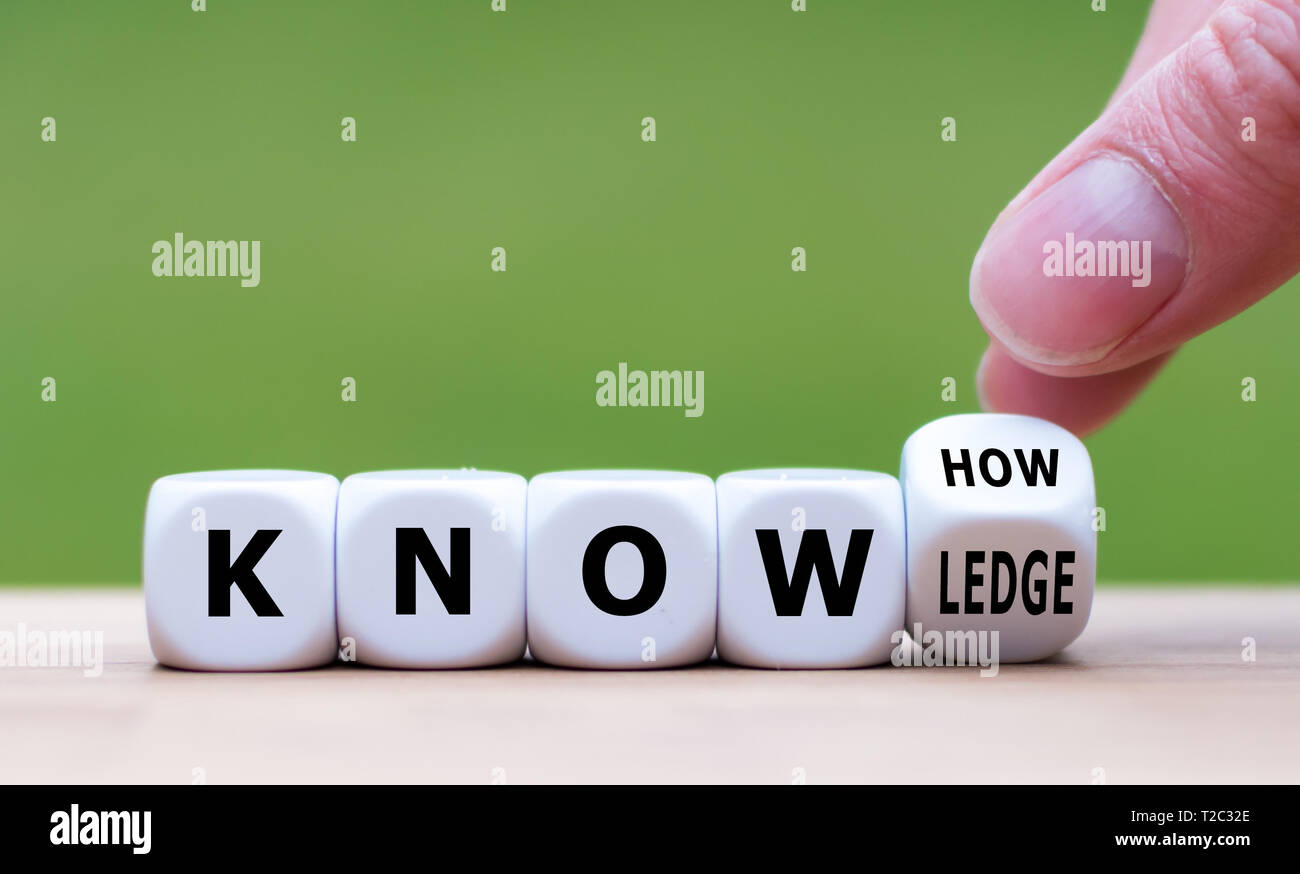 To have know-how or to have knowledge. Hand turns a dice and changes the word  'know-how' to 'knowledge'. Stock Photo