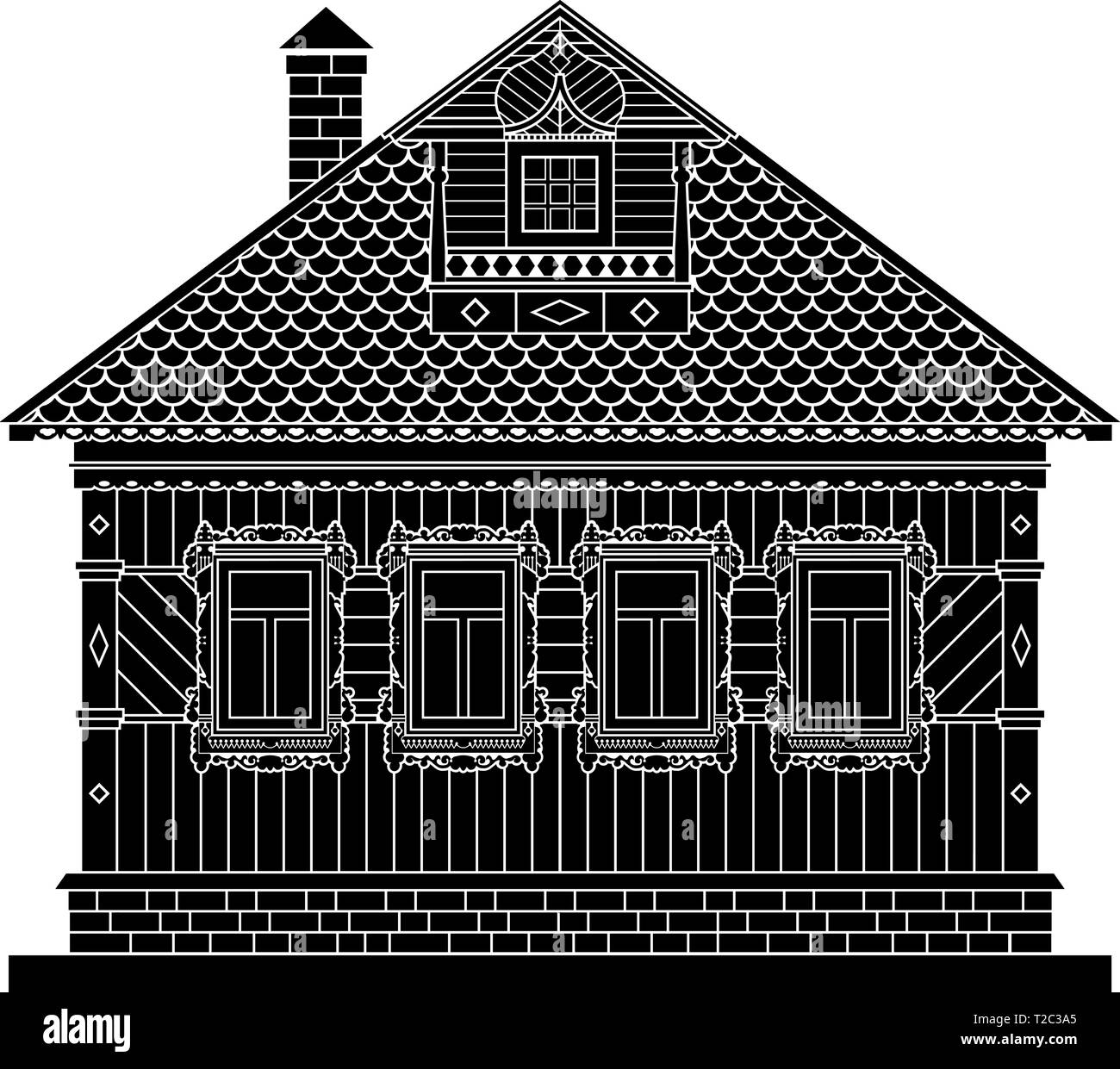 Russian traditional two-story wooden house. The windows and details are decorated with carvings. Vector . Black silhouette. Stock Vector