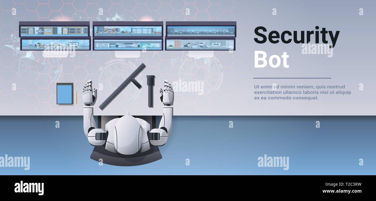 security guard bot looking monitor screen robot monitoring cctv cameras