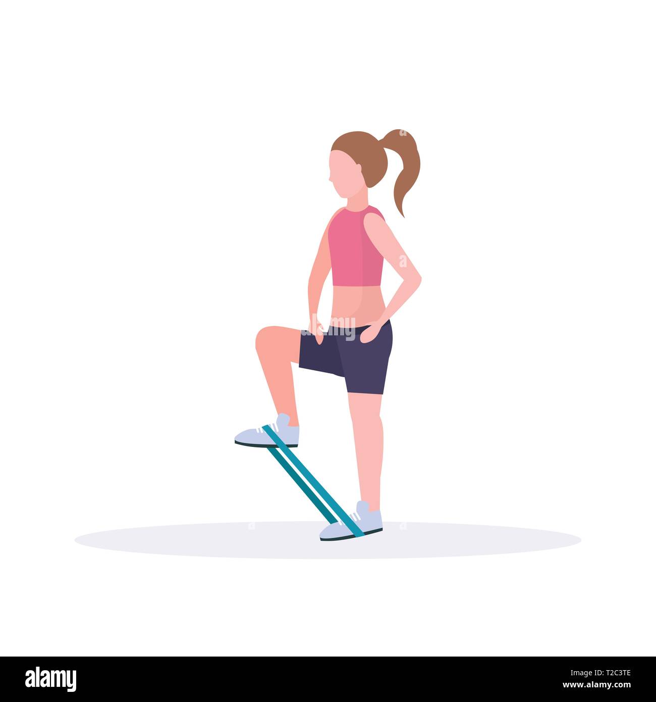 sporty woman doing exercises with resistance band girl training in gym stretching workout healthy lifestyle concept flat white background Stock Vector