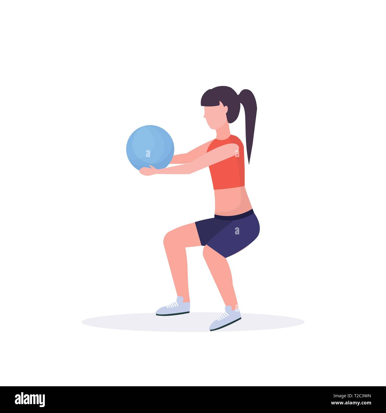 sporty woman doing squat exercises with fitness ball girl training in gym aerobic workout healthy lifestyle concept flat white background Stock Vector