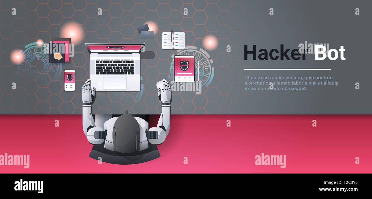 robot hacking digital devices computer hacker bot concept data privacy attack internet information security artificial intelligence top angle desktop Stock Vector