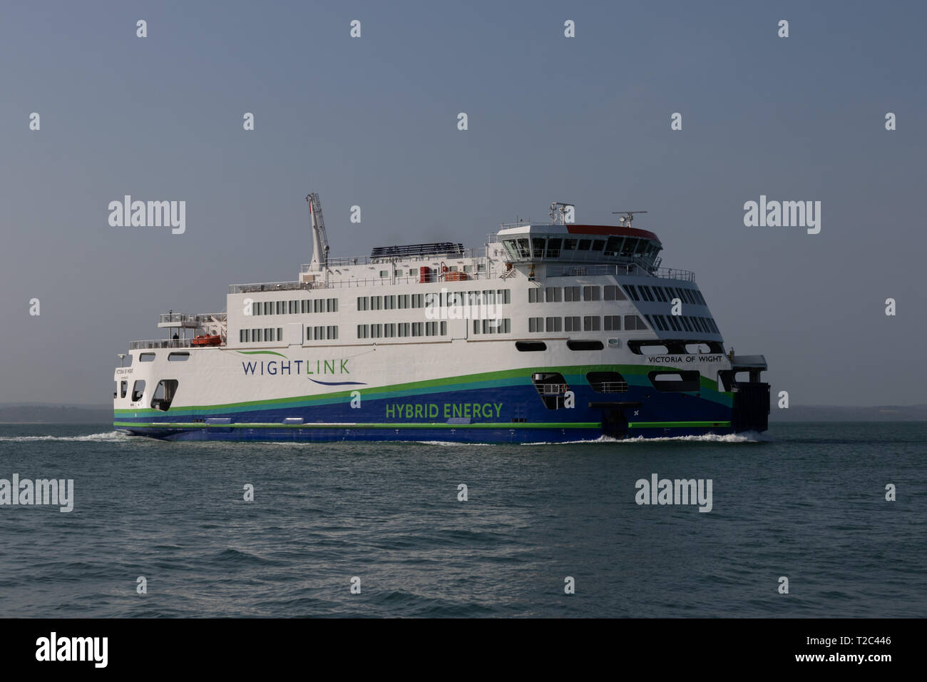 Newest Wightlink ferry the Victoria of Wight entering Portsmouth harbour Stock Photo