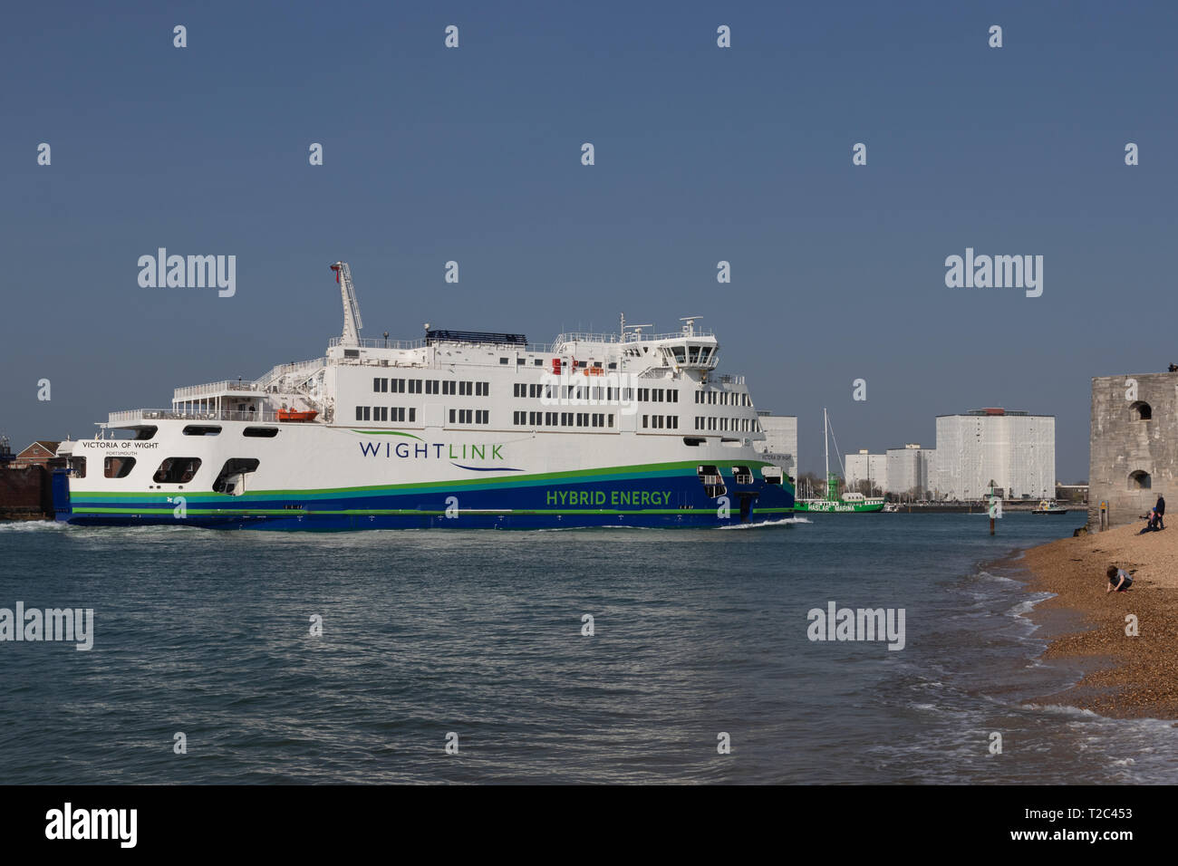 Newest Wightlink ferry the Victoria of Wight entering Portsmouth harbour Stock Photo