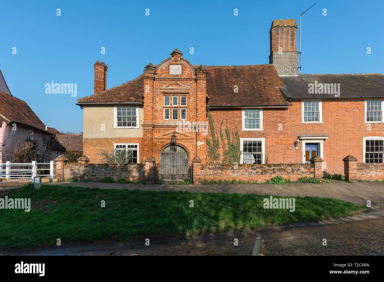 River House Kersey, the historic (1490) River House building with its early Tudor brick porch sited in the centre of Kersey village, Suffolk, England. Stock Photo