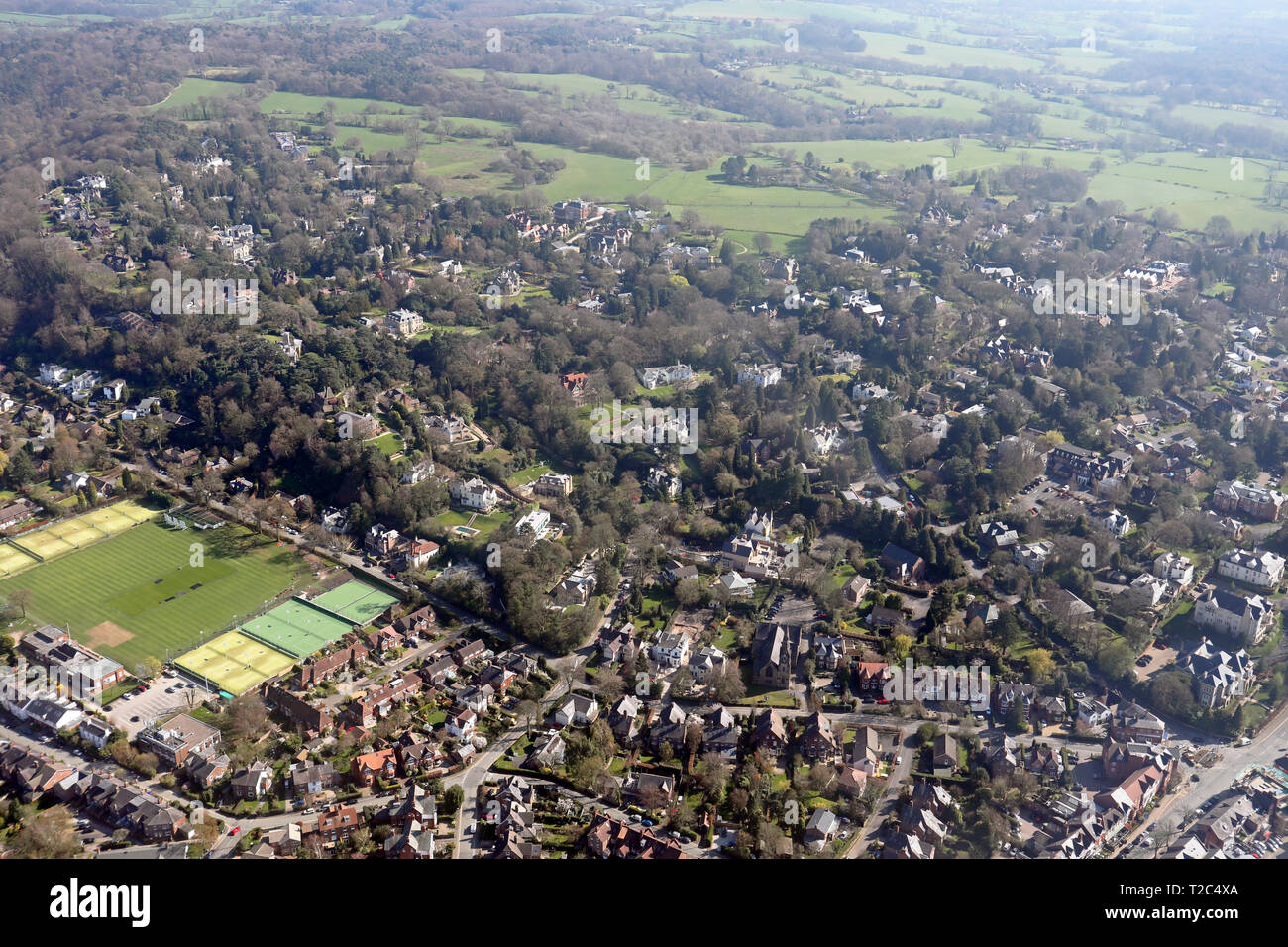 aerial view of posh houses in Alderley Edge, Wilmslow, Cheshire Stock Photo