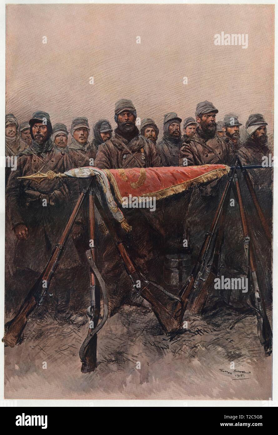 Primera guerra mundial (1914-1918). Guardia de la bandera. Dibujo de 1915. Grabado de 1923. Author: Georges Bertin Scott. Stock Photo