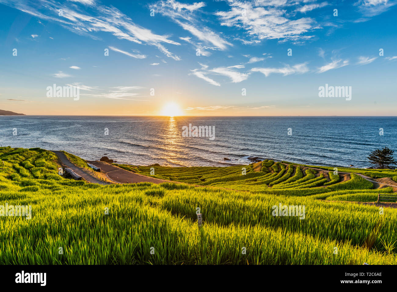 Beautiful Sunset View of Senmaida Rice paddy terrace Wajima Ishikawa Japan Stock Photo