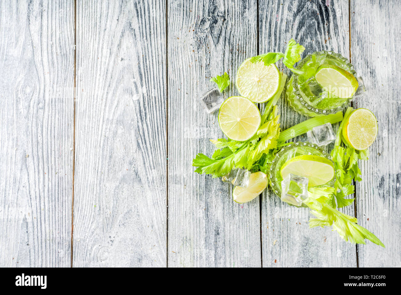 Celery Daisy Cocktail. Fresh summer drink, mojito, iced lemonade or margarita with celery and