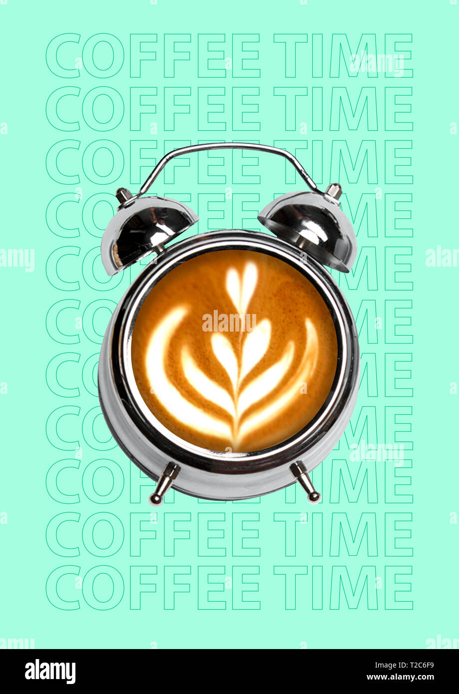 A coffee break. Time for cappucino, americano, latte or espresso. A clock or alarm filled with hot drink and white milk foam on blue background. Negat Stock Photo