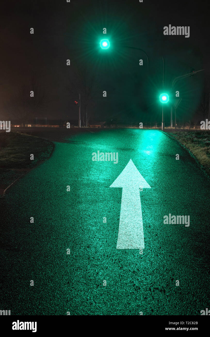 Traffic light showing green light in wet night with white arrow on asphalt. Stock Photo