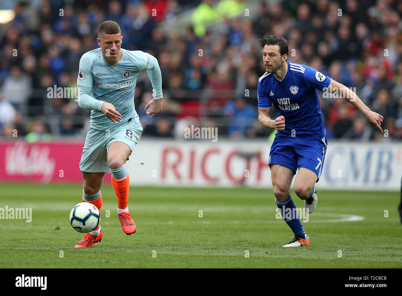 Ross Barkley of Chelsea in action. Premier League match Cardiff City v Chelsea at the Cardiff City Stadium on Sunday 31st March 2019. this image may only be used for Editorial purposes