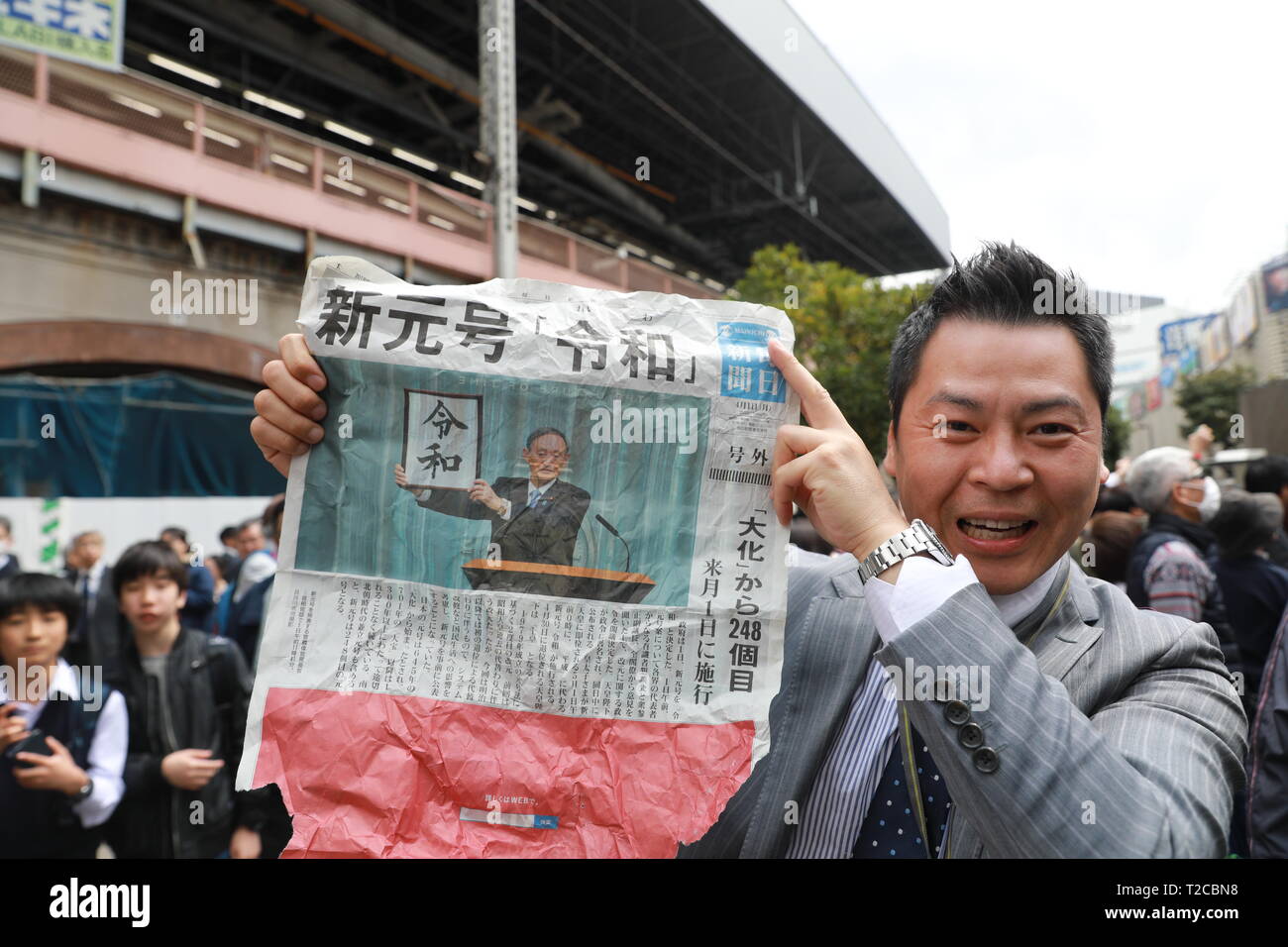 Tokyo Japan 01st Apr 2019 A Man Holds A Piece Of Newspaper