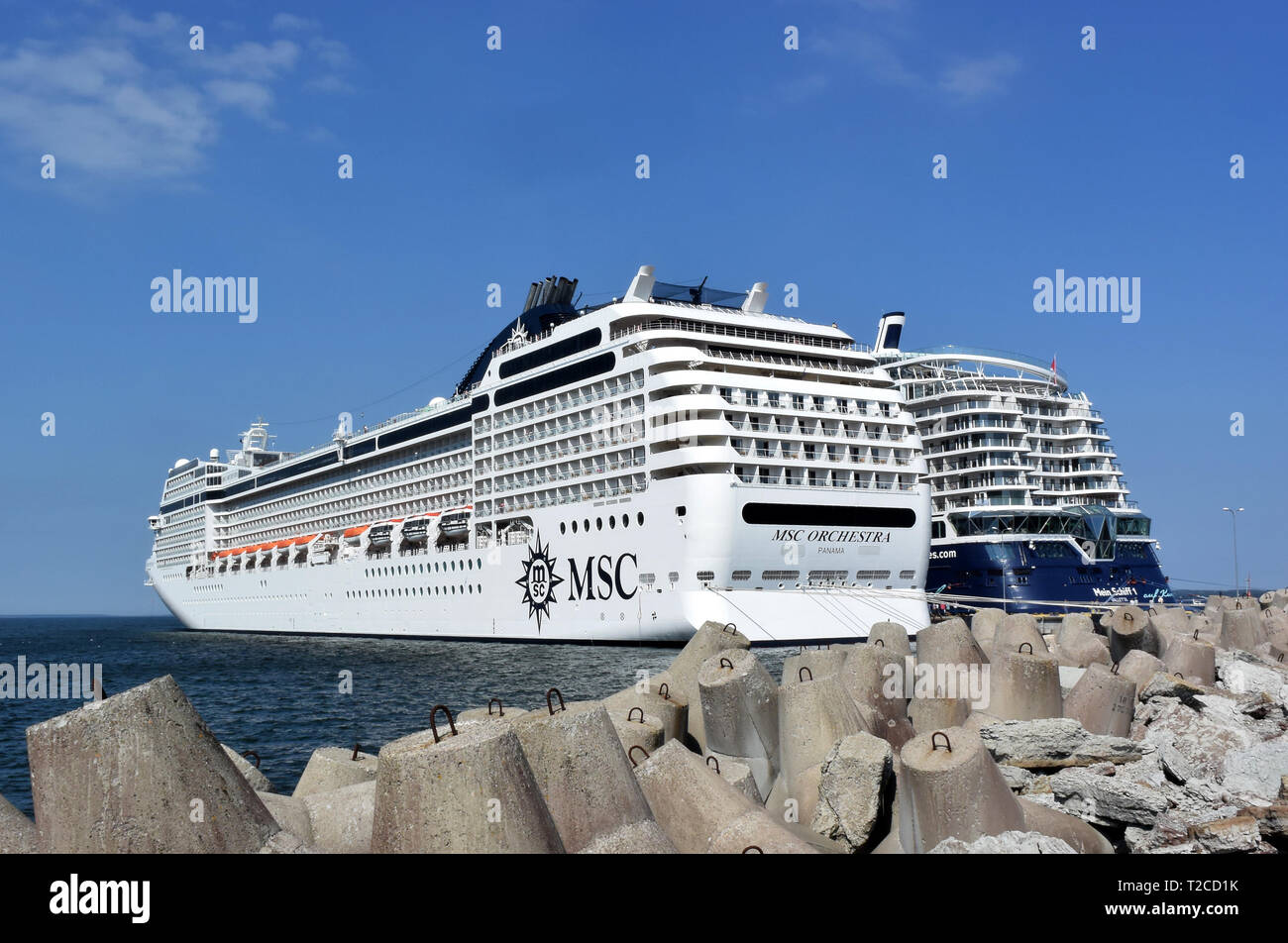 Tallinn Estonia 12th July 2018 Two Cruise Ships Msc Ochestra L And Mein Schiff 1 R Are Located At The Cruise Terminal Of The Port City Tallinn Former German Name Reval The