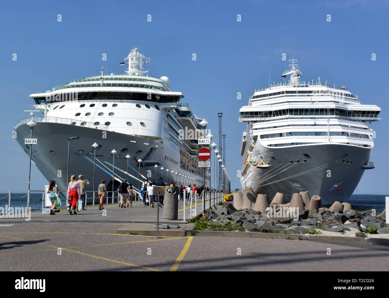 Tallinn, Estonia. 12th July, 2018. Two cruise ships (MSC Ochestra (l) and  Mein Schiff 1 (r)) are located at the cruise terminal of the port city.  Tallinn (former German name: Reval), the